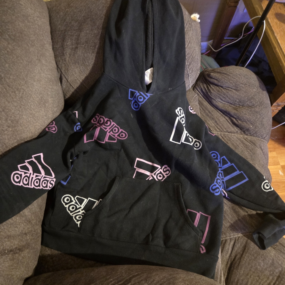 adidas Black Hoodie with Pink, Blue & White Logo Print